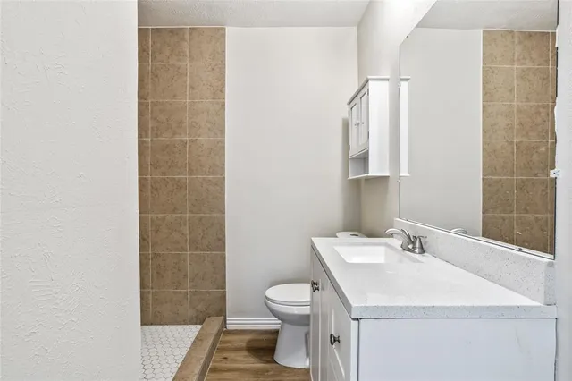 a bathroom with a sink toilet and shower