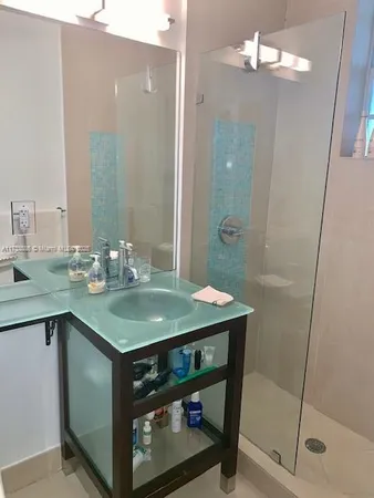 a bathroom with a sink a mirror and a shower