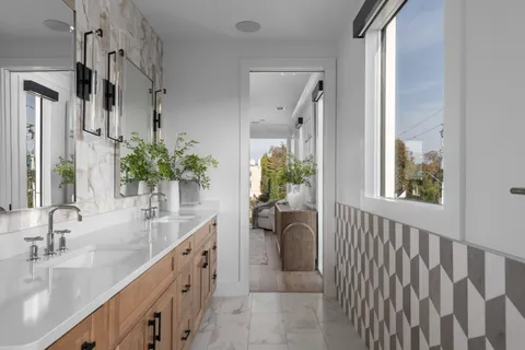 a bathroom with a sink a mirror and a potted plant