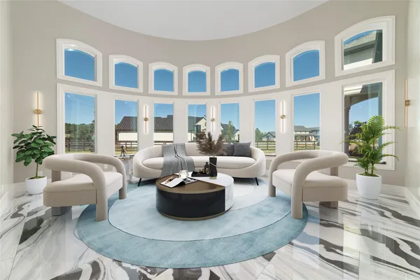 a living room with furniture and a potted plant