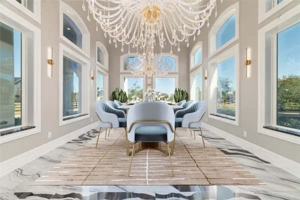 a view of a dining room with furniture and windows