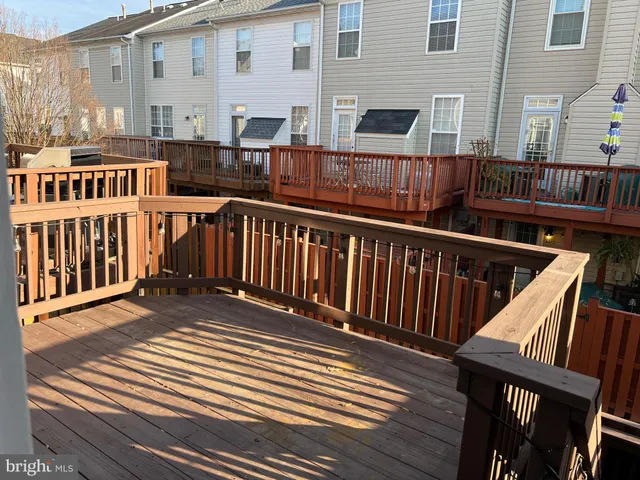 a view of a brick building from a deck