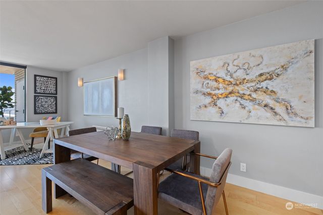a view of a dining room with furniture