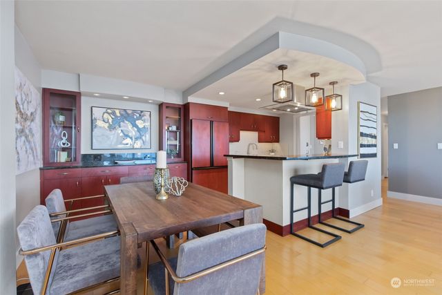 a view of a dining room with furniture