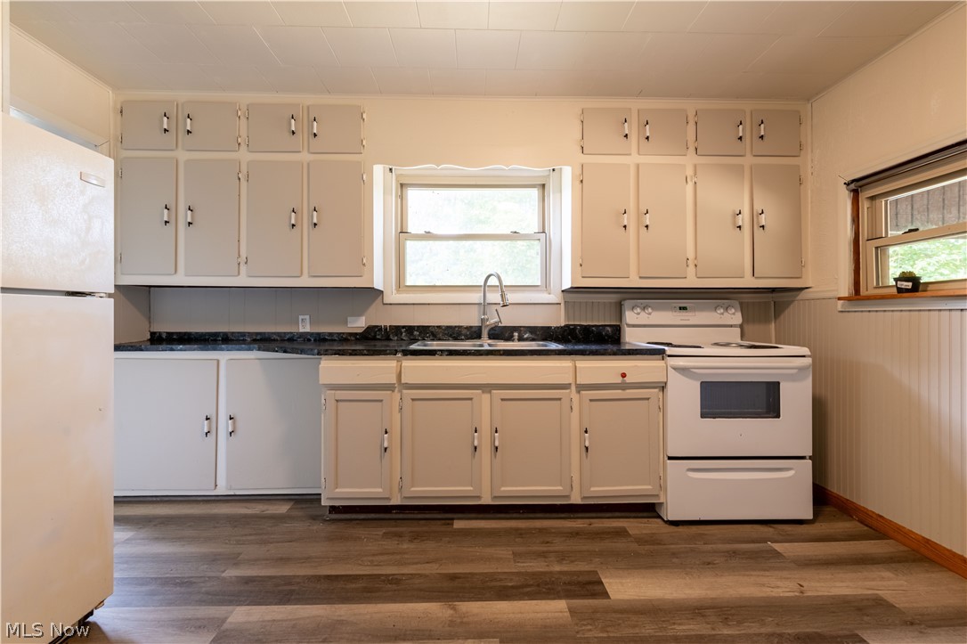 8729 Perrys Den Road Cumberland, OH 43732 - Photo 42 of 50 Kitchen featuring dark wood-type flooring, a wealth of natural light, white appliances, and sink