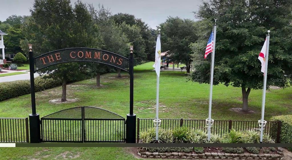 a view of a park with iron fence