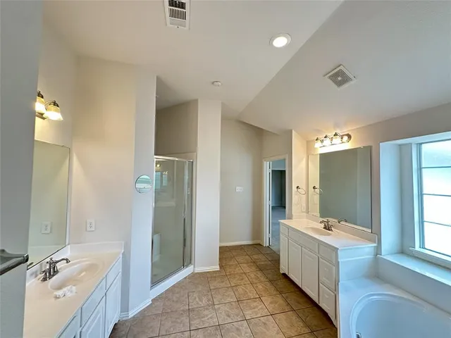 a bathroom with a tub double vanity sink and a mirror