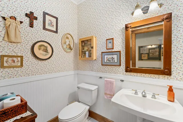 a bathroom with a toilet a sink and a mirror