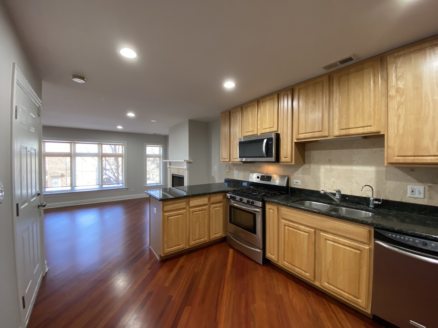2525 West Harrison Street, Unit 2 Chicago, IL 60612 - Photo 5 of 16 a kitchen with granite countertop wooden floors stainless steel appliances a sink and a window