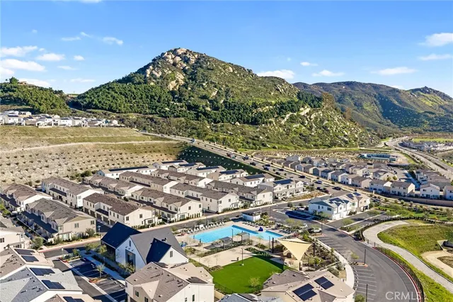 a view of a swimming pool with a mountain