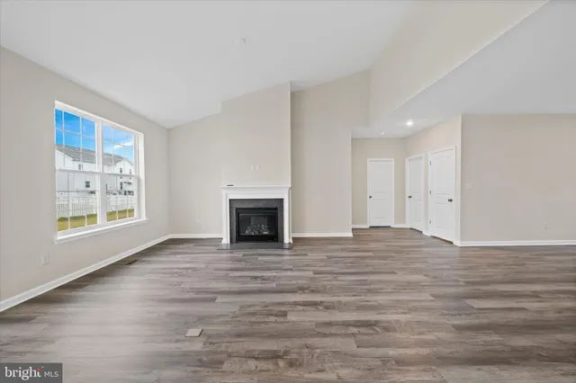 a view of empty room with wooden floor and fireplace