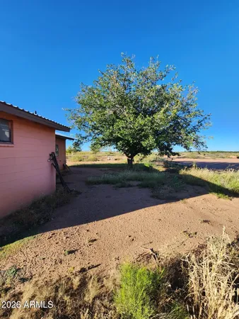 a view of a yard with wooden fence