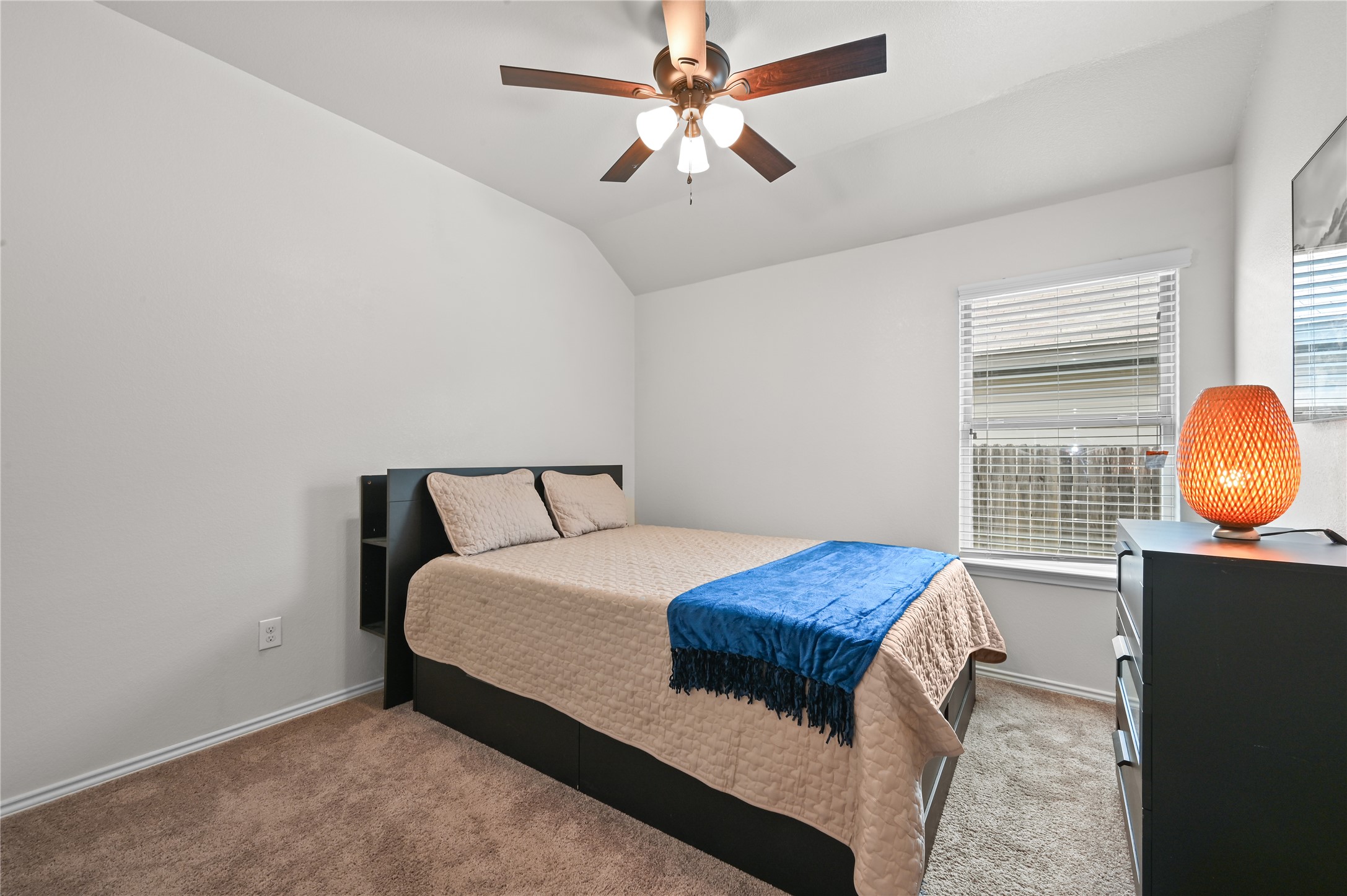 303 Limerick Road Buda, TX 78610 - Photo 16 of 23 Carpeted room featuring a ceiling fan with integrated lighting, a window with blinds, and white painted walls