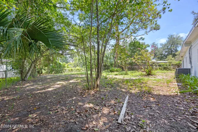 a view of a yard with lots of trees
