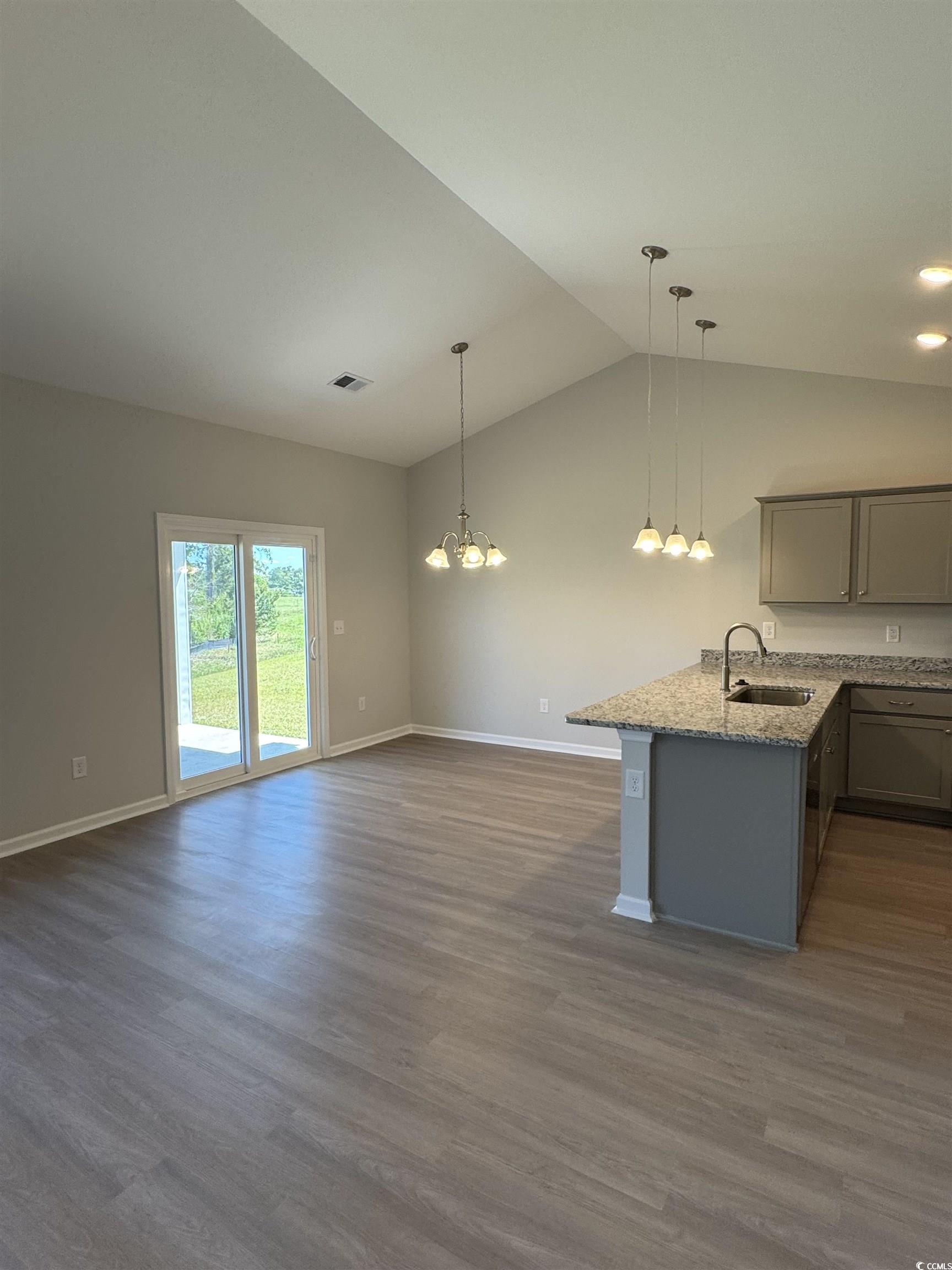600 Shallow Cv Drive Conway, SC 29527 - Photo 6 of 14 Kitchen with gray cabinets, vaulted ceiling, dark