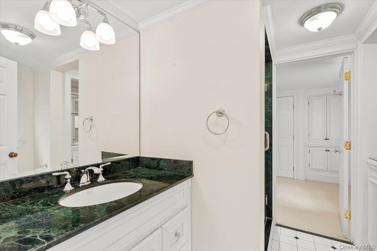 655 North Street Harrison, NY 10580 - Photo 26 of 48 a bathroom with a granite countertop sink and a mirror