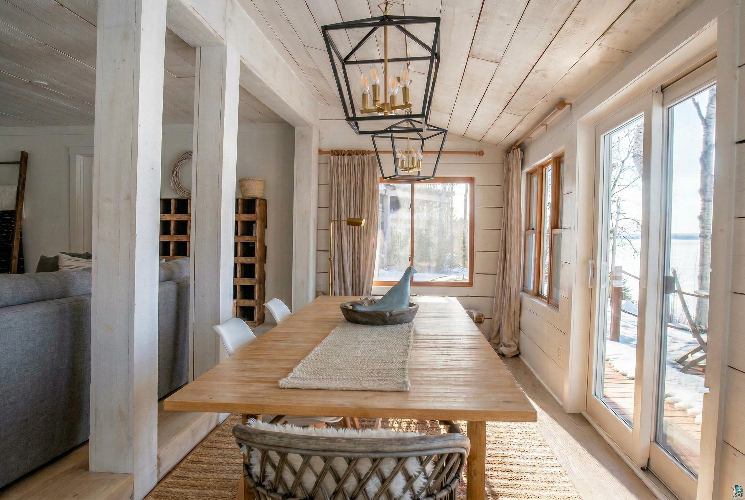 4107 B Lake Park Road Ashland, WI 54806 - Photo 11 of 15 Dining space with a vaulted wood ceiling, suspended lighting, and wooden walls