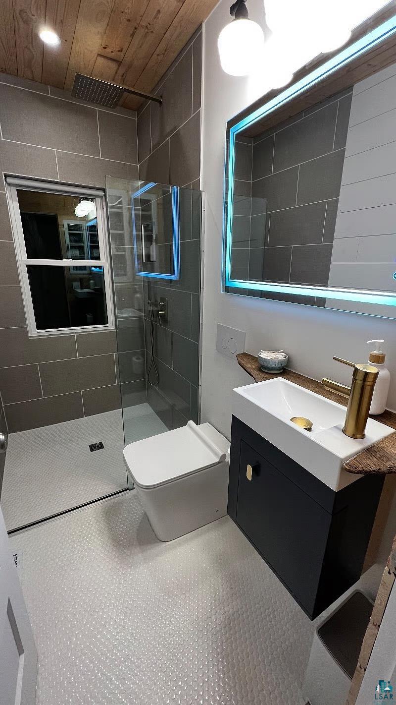 4107 B Lake Park Road Ashland, WI 54806 - Photo 5 of 15 Full bathroom with vanity, a walk in shower, and wooden ceiling