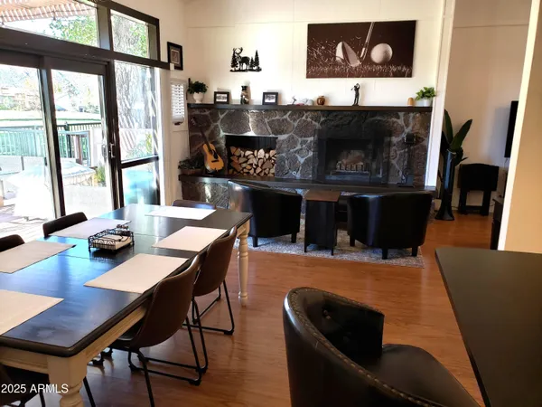a view of a dining room with furniture