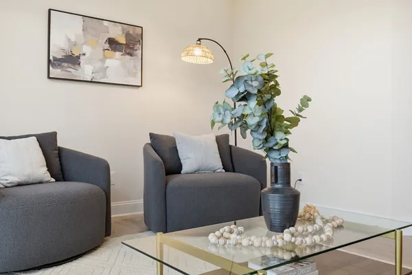 a living room with furniture flowerpot and a potted plant