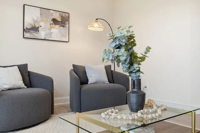 a living room with furniture flowerpot and a potted plant