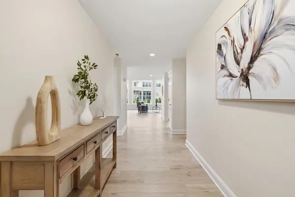 a hallway with a large window
