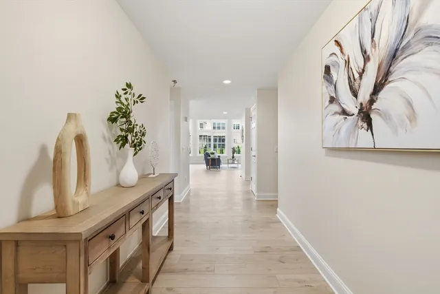 a hallway with a large window