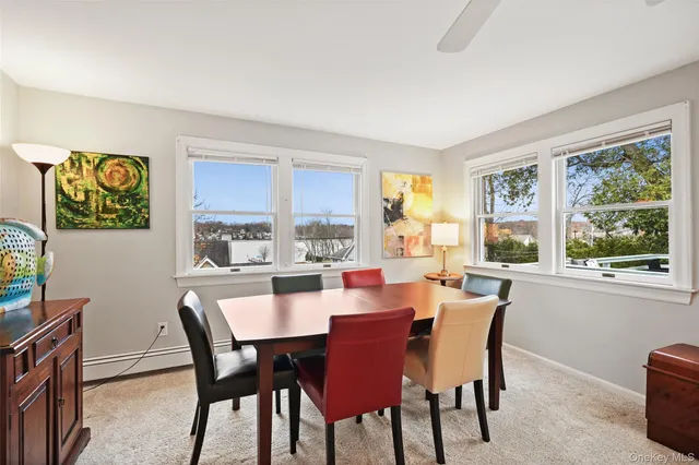 a view of a dining room with furniture window and outside view