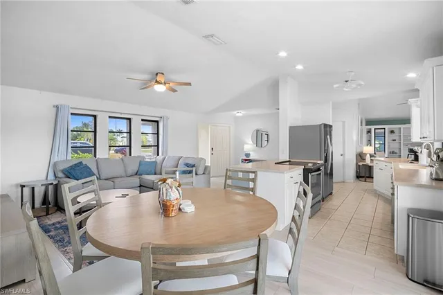 a view of a dining room with furniture