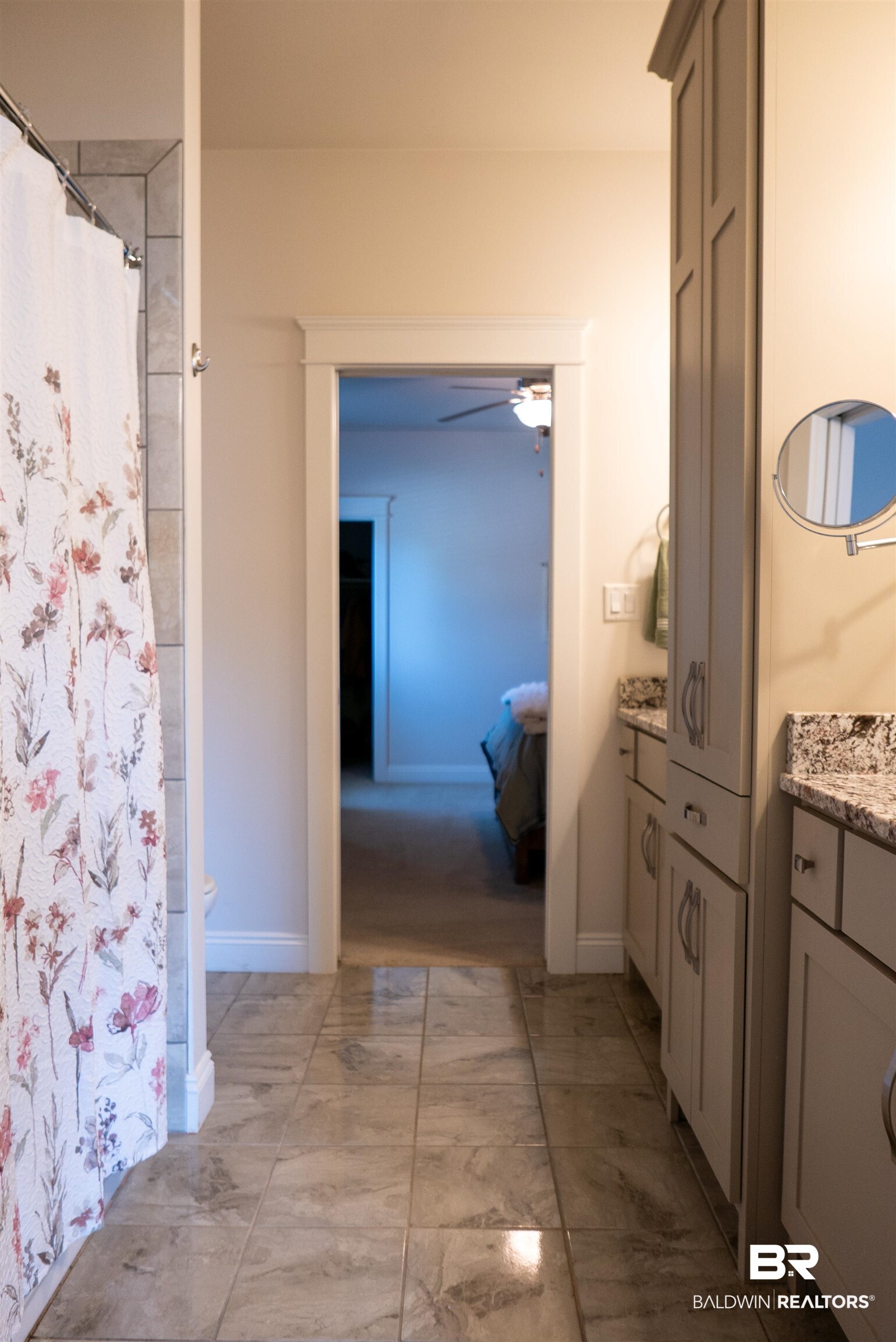 6684 Garrison Drive Daphne, AL 36527 - Photo 18 of 35 Bathroom with vanity, curtained shower, and ceiling fan