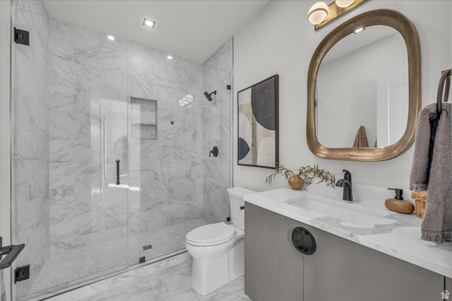 2152 South 30 West Orem, UT 84058 - Photo 40 of 56 Bathroom with vanity, a marble finish shower, and light marble finish floors