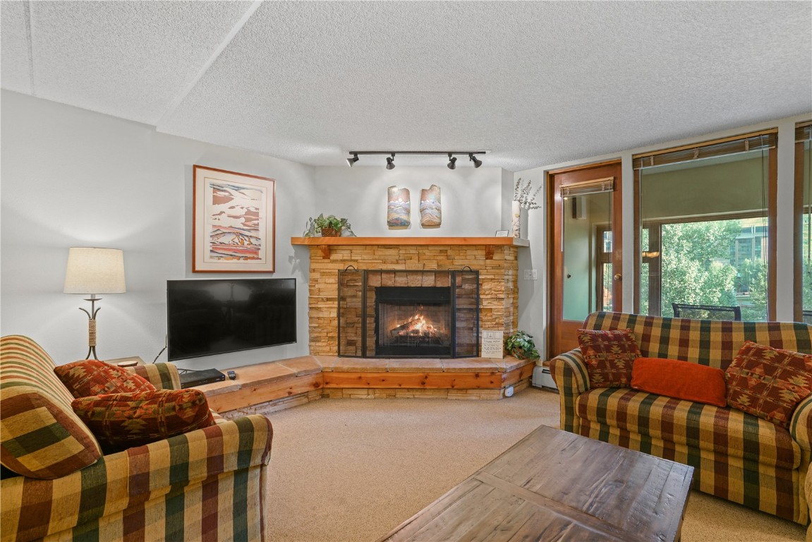 800 Copper Road, Unit 206 Copper Mountain, CO 80443 - Photo 2 of 22 a living room with furniture a flat screen tv and a fireplace