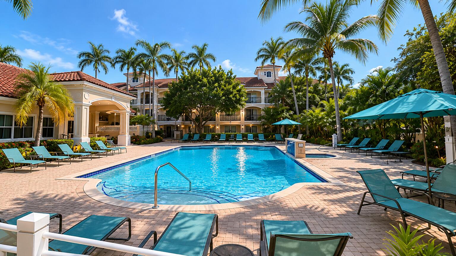 5880 West Sample Road, Unit 105 Coral Springs, FL 33067 - Photo 14 of 17 a view of a swimming pool with chair and tables