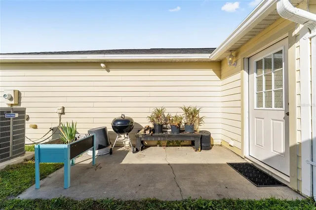 a building outdoor space with patio furniture