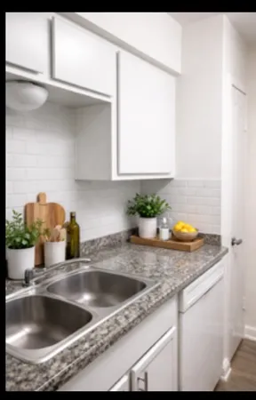 a kitchen with a sink a counter and cabinets