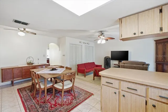 a view of a dining room with furniture