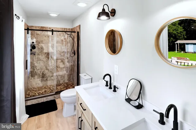 a bathroom with a sink mirror and toilet