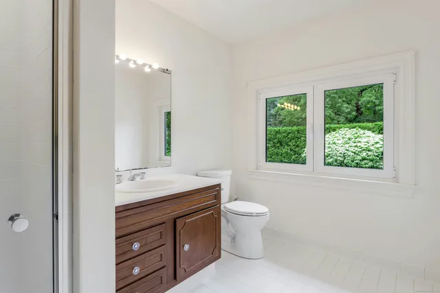 a bathroom with a toilet a sink and a large mirror