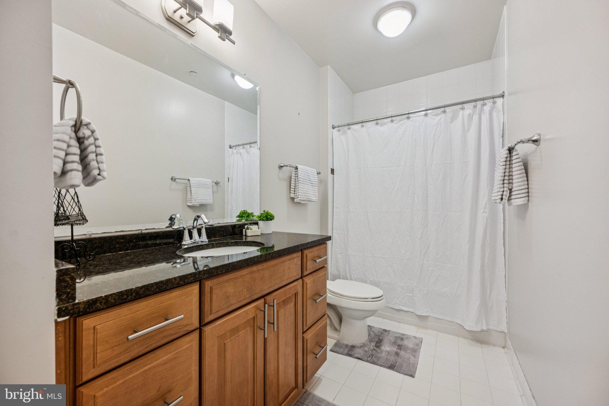2101 North Monroe Street, Unit 107 Arlington, VA 22207 - Photo 16 of 24 a bathroom with a granite countertop sink a toilet and a mirror