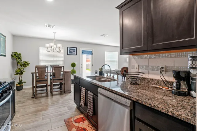 a kitchen with lots of counter top space and dining table