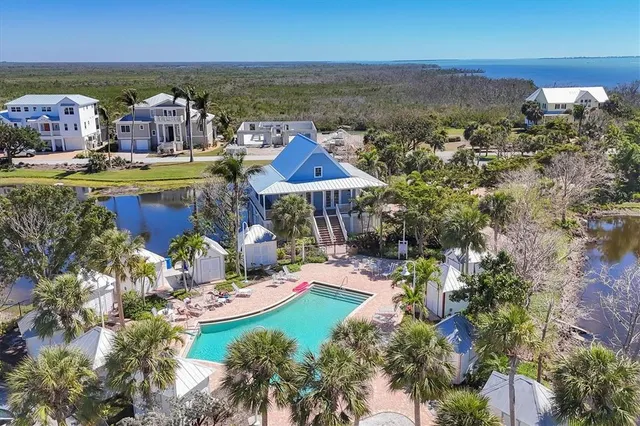 an aerial view of a swimming pool