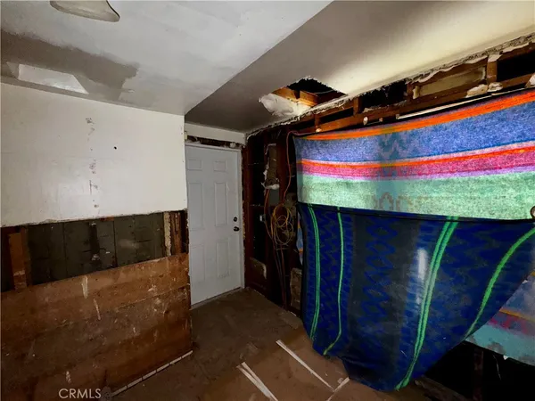 a room with storage and a potted plant