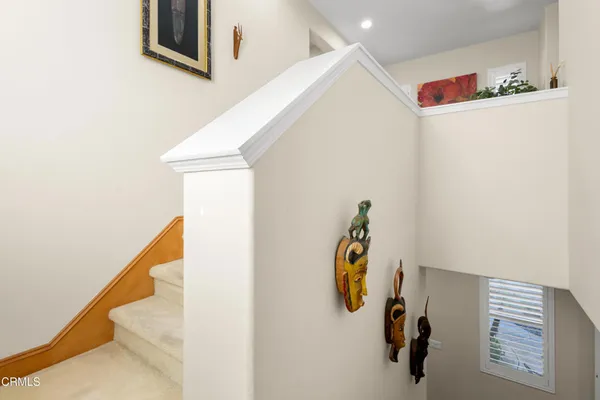 a view of a hallway with painted walls