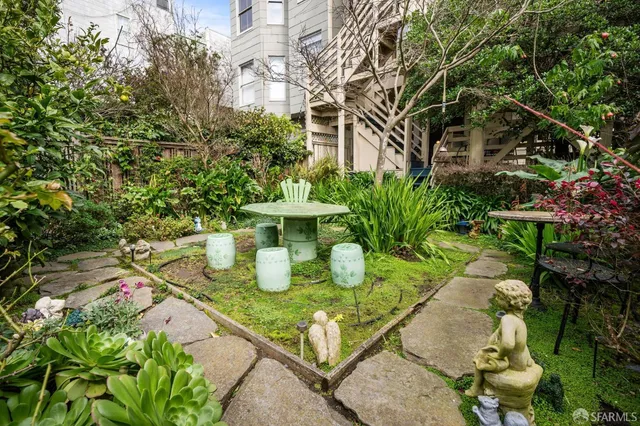 a view of a yard with plants and trees