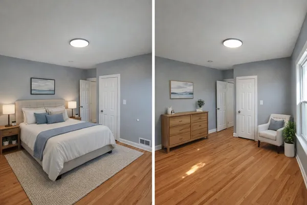 a room with a bed and furniture