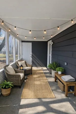 a living room with furniture flowerpot and a potted plant