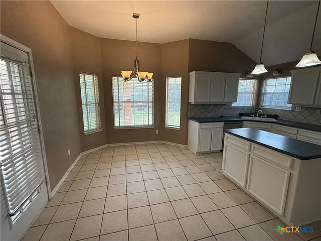 a kitchen with a sink a counter space cabinets and appliances