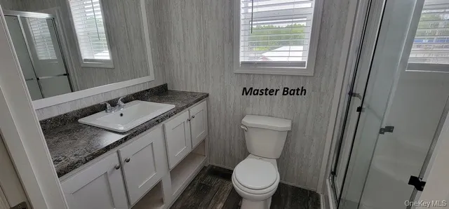 a bathroom with a granite countertop toilet a sink a mirror and a window