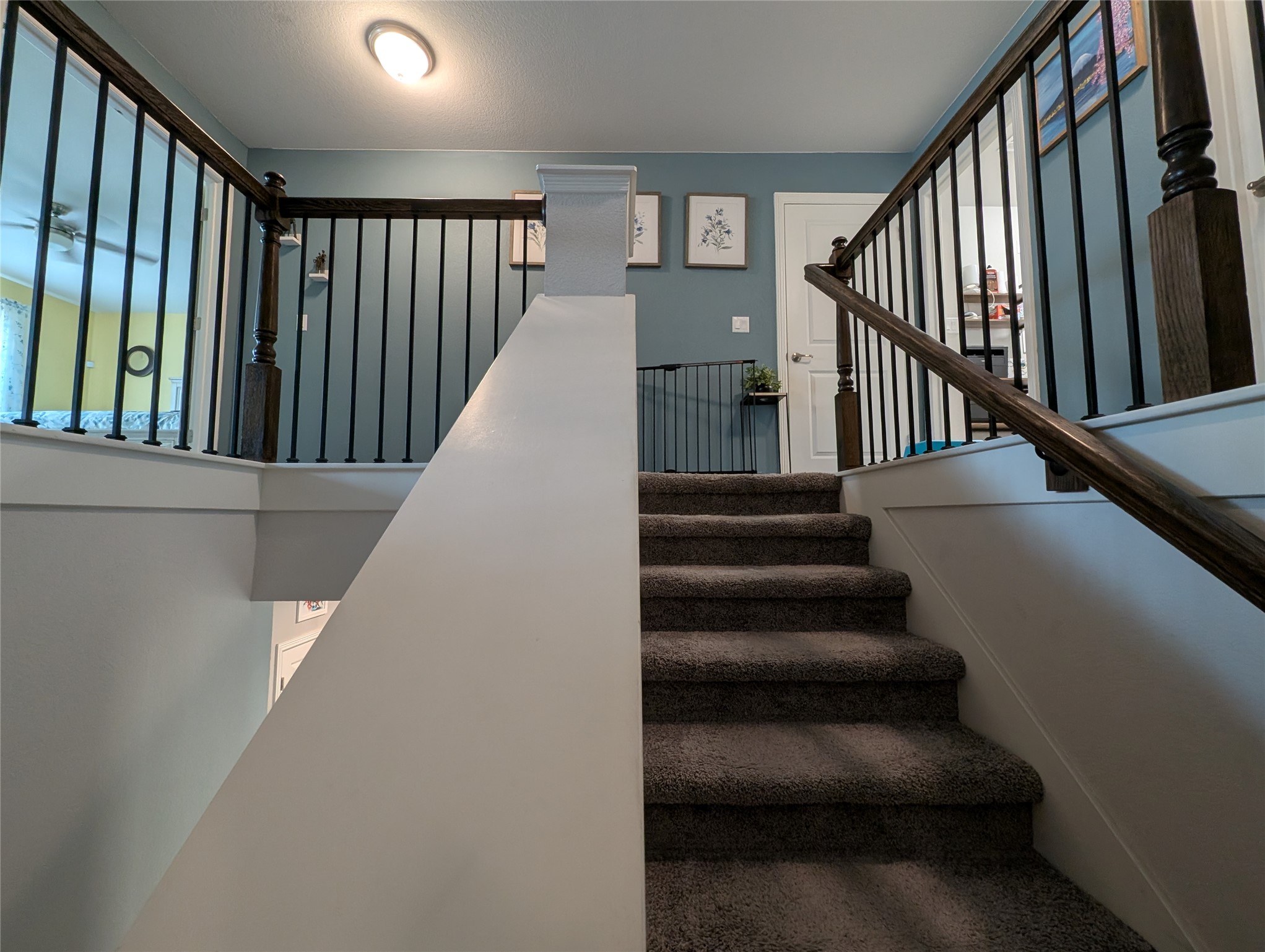 14502 McCoy Loop Austin, TX 78717 - Photo 20 of 26 Carpeted staircase with dark wood-finish handrails and black metal balusters