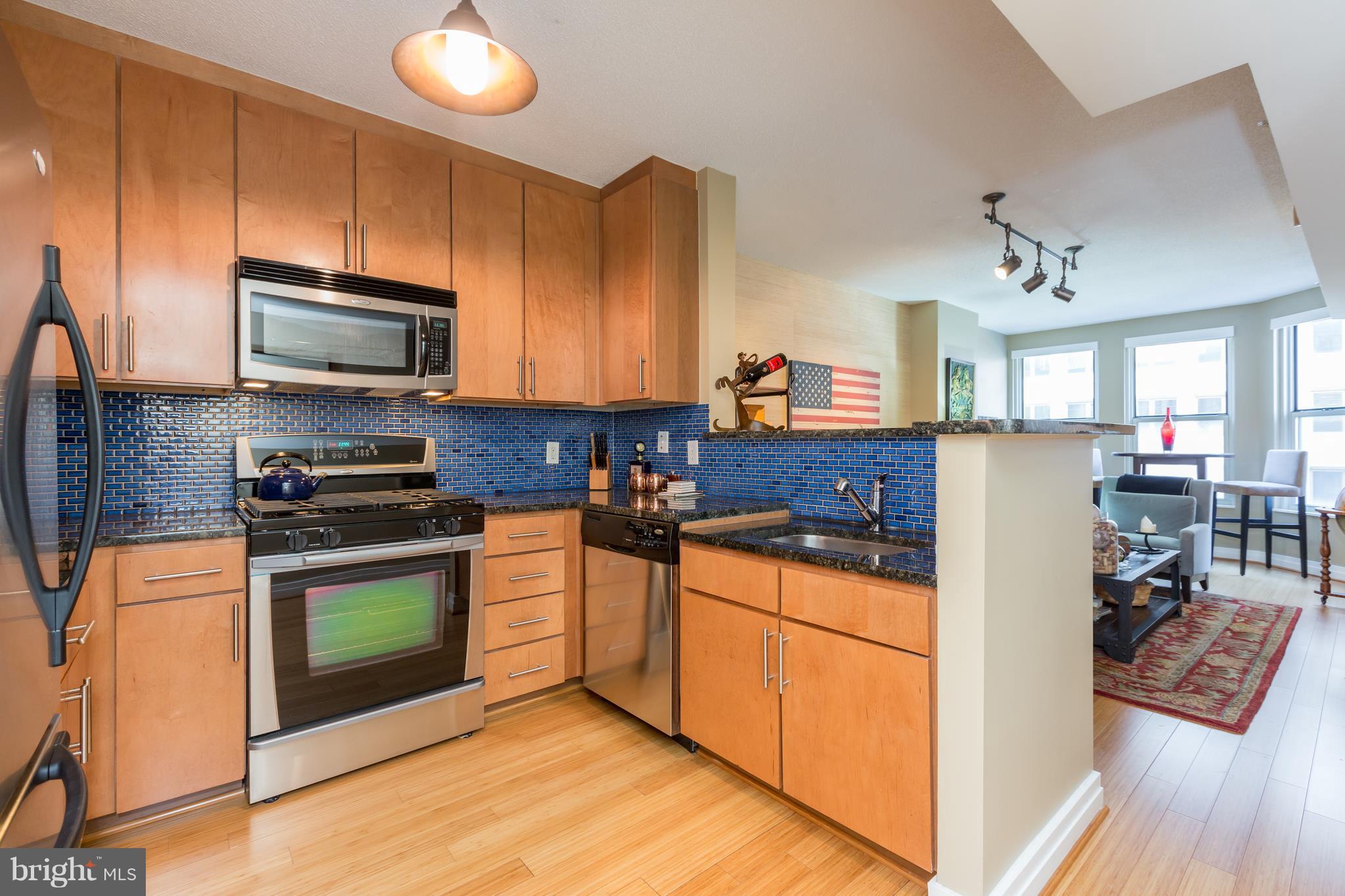 915 E Street Northwest, Unit 613 Washington, DC 20004 - Photo 18 of 30 a kitchen with stainless steel appliances granite countertop a stove top oven a sink and dishwasher